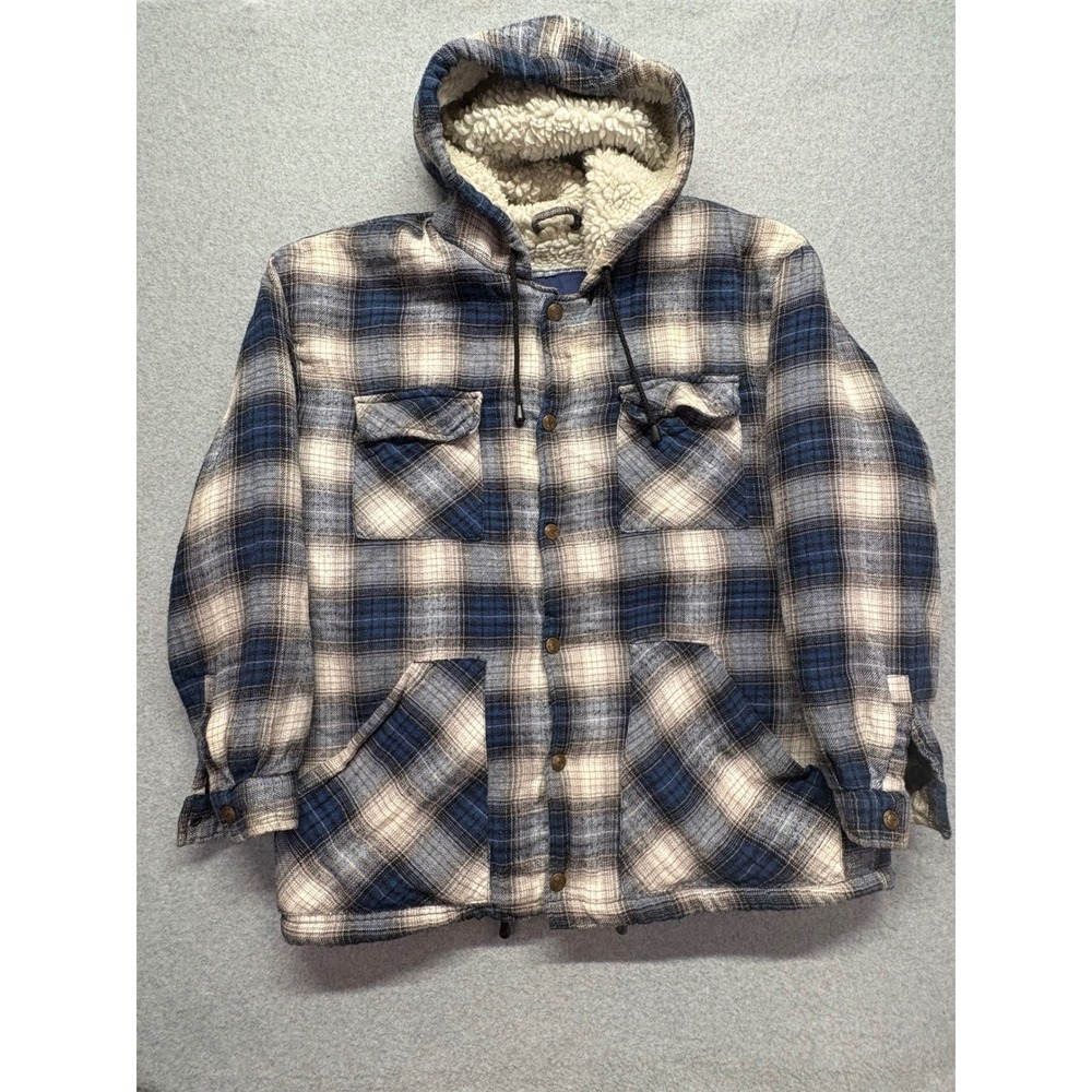 Basic Editions Mens Blue Plaid Sherpa Lined Hooded Flannel‎ Shirt Jacket Large